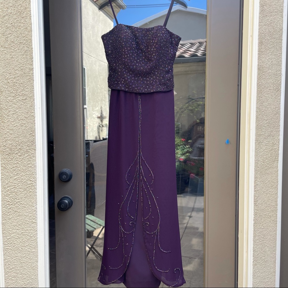 LANDA Royal Purple Spaghetti Strap Beaded Top Gown